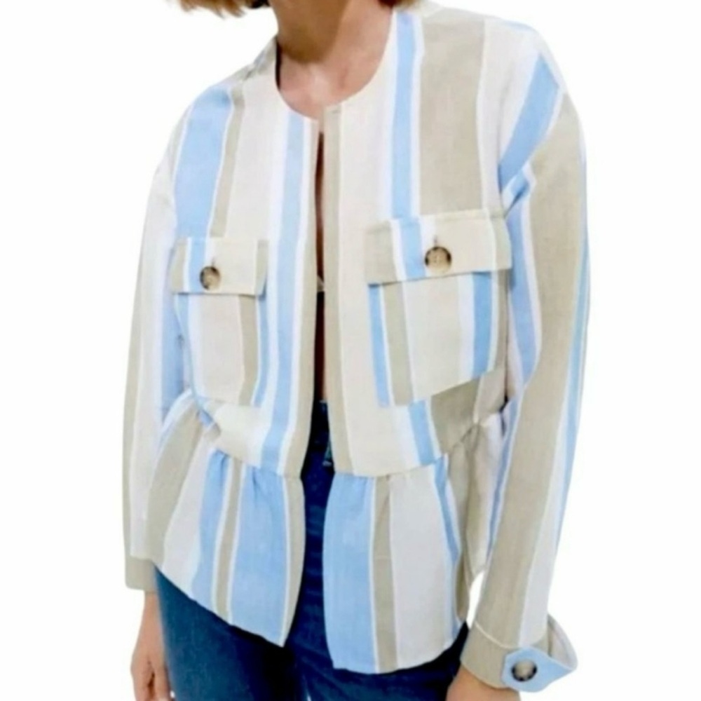 Zara -  Adorable White Tan and Blue Striped Jacket with open front- Size Medium - Picture 3 of 11